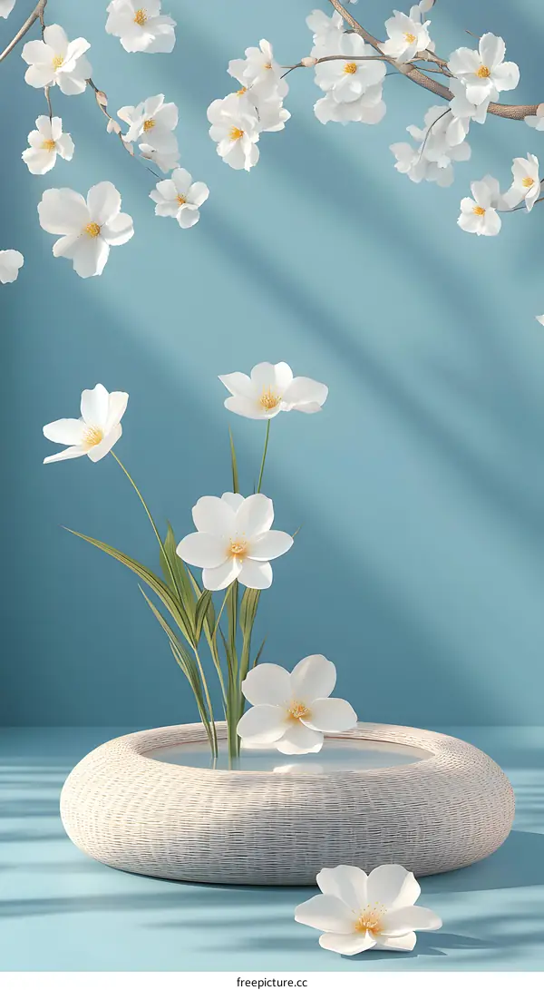 Minimalist White Flowers in a Bowl on a Blue Background