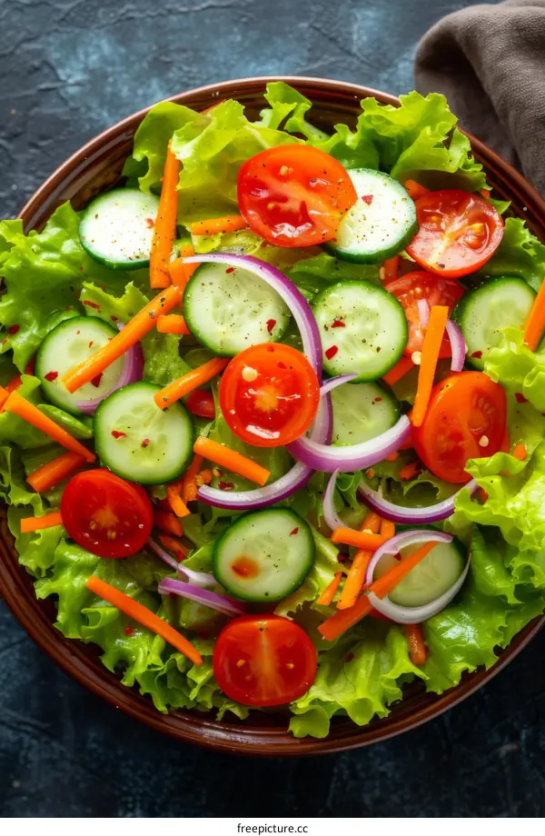 Fresh tomato and cucumber salad with lettuce and carrots