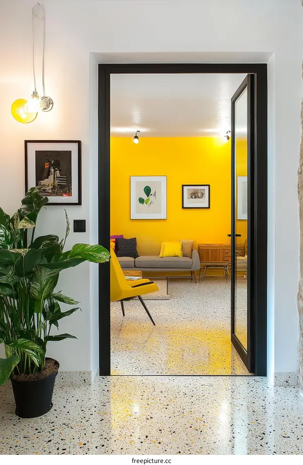 Stylish Yellow Interior Design with Colorful Flooring