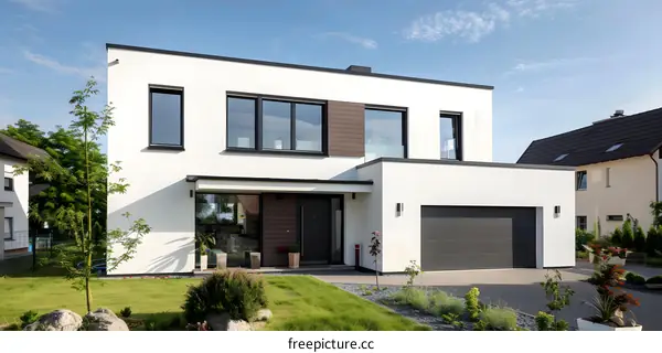 Modern White House with Large Windows and a Garage