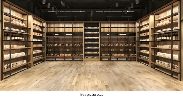 Modern Grocery Store Interior Design With Wooden Shelves