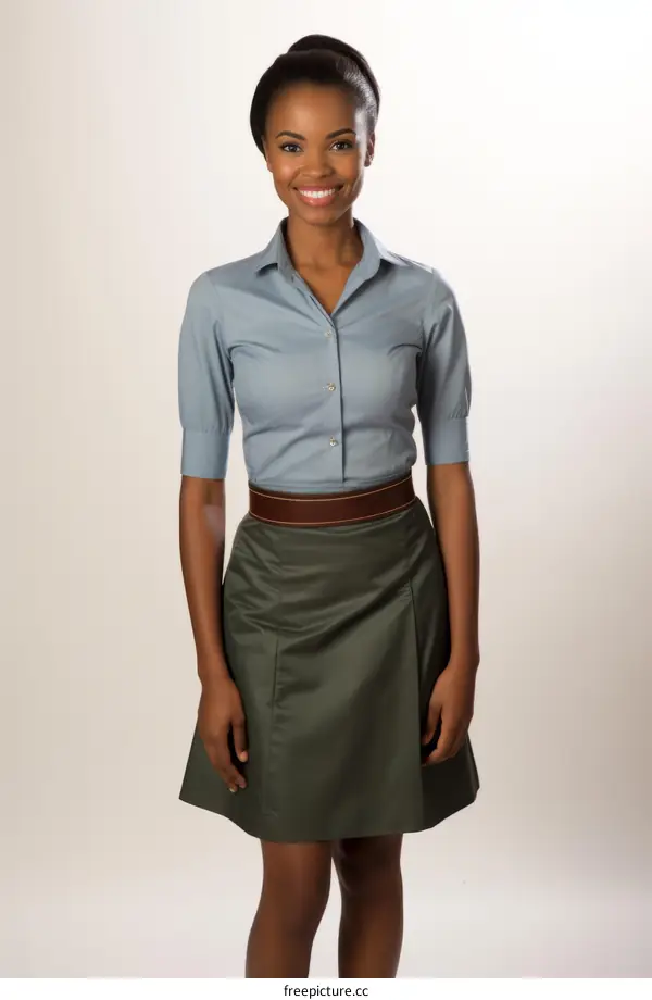 Studio portrait of a young professional black woman wearing a blue blouse and green skirt