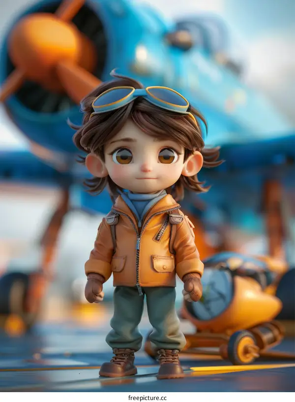 A cute cartoon pilot standing in front of a blue airplane