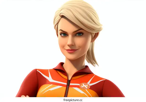 3D illustration of a young woman with blond hair and blue eyes wearing a wetsuit