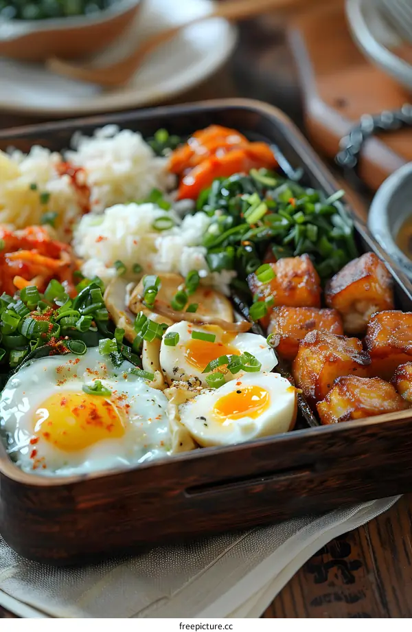 Japanese Food Bento Box With Fried Egg, Rice, and  Stewed Vegetables