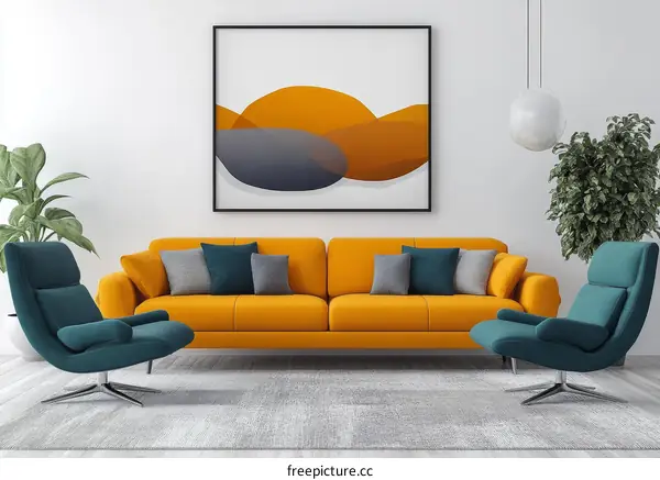 Modern Living Room with Orange Sofa and Teal Chairs