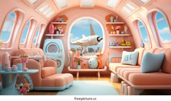 Surreal Pink Living Room with Airplane Window