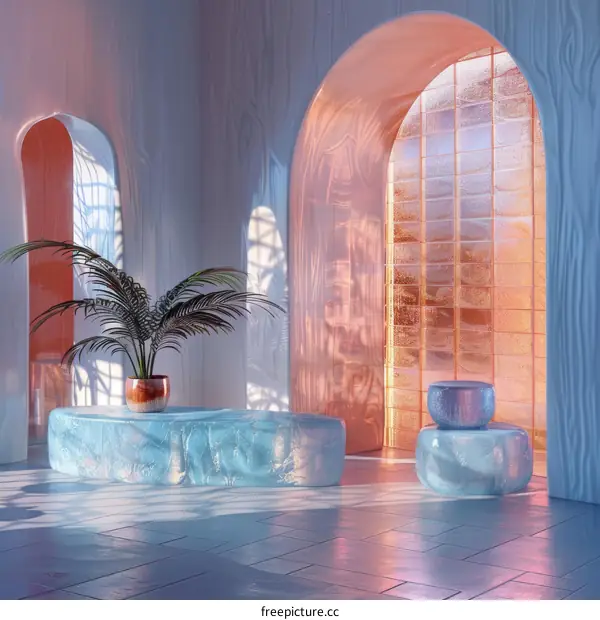 Modern interior with archways and a plant