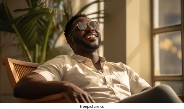 A smiling man wearing sunglasses is sitting in a chair in a sunny room