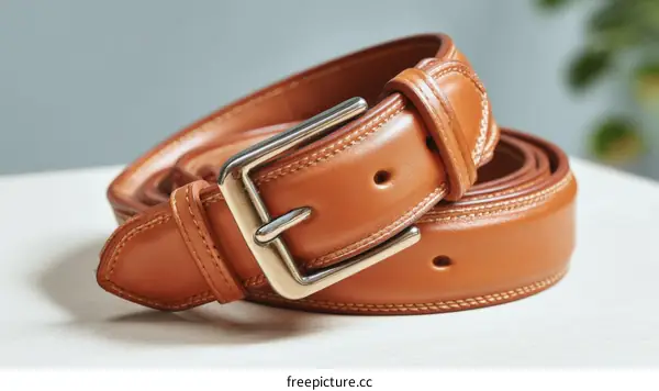 Close-up of a Brown Leather Belt with Metal Buckle