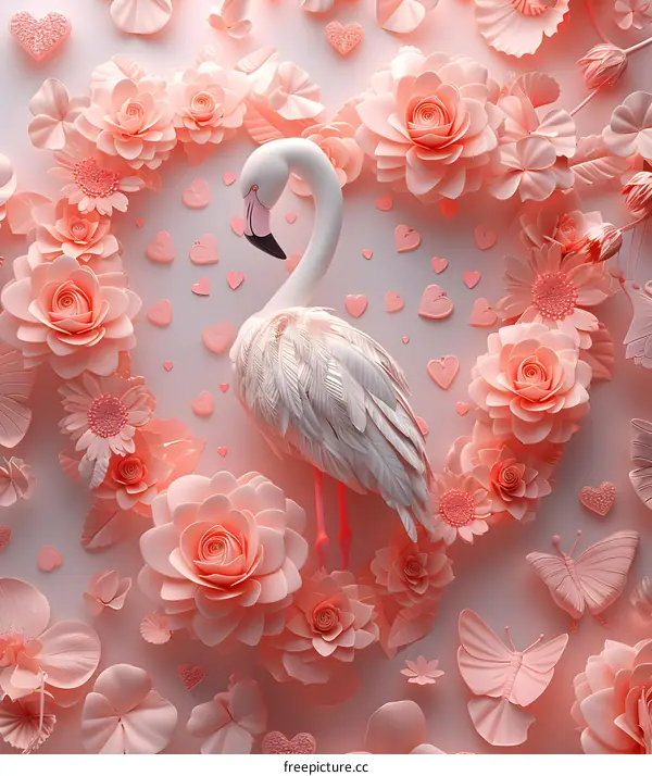 A pink flamingo standing in a heart-shaped frame made of pink flowers