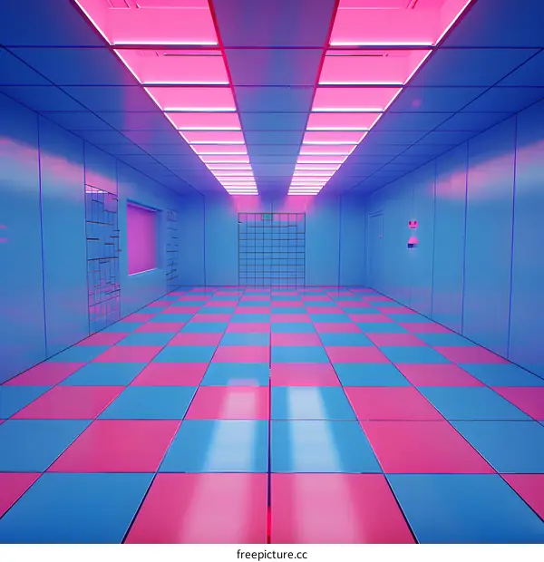 Neon Pink and Blue Room With Checkered Floor