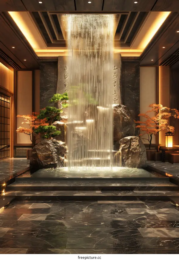 Interior Waterfall Design in a Modern Japanese Style
