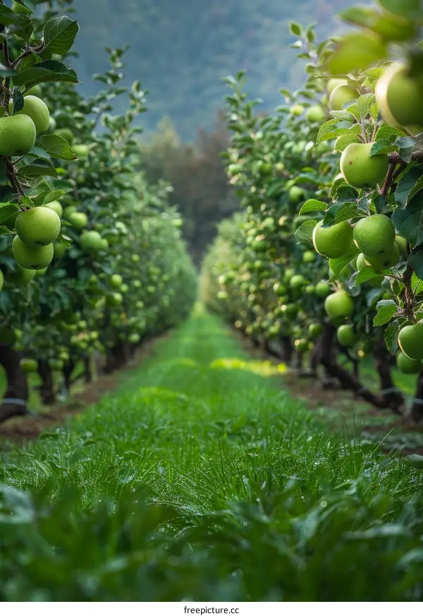 An orchard with green apples and a grassy path in the middle