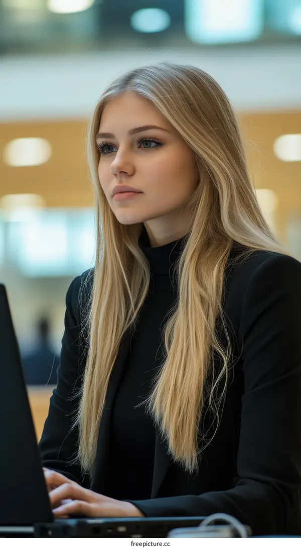 Young Woman Working on Laptop in Modern Interior