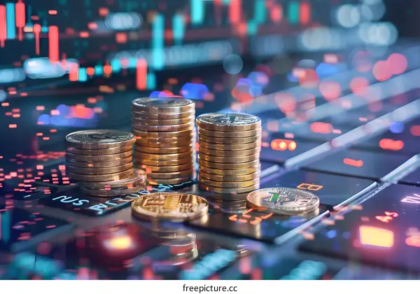 Gold Coins Stacked on a Laptop Keyboard with Stock Market Data in the Background
