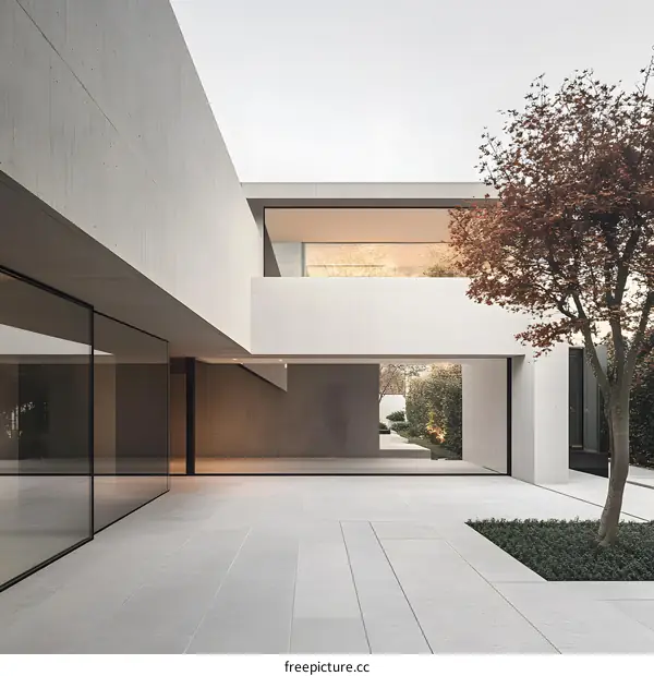 Modern Concrete House Exterior With Patio And Large Glass Windows