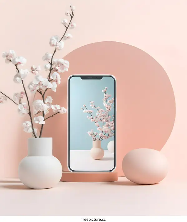 Phone Mockup with Spring Flowers and Minimalist Background