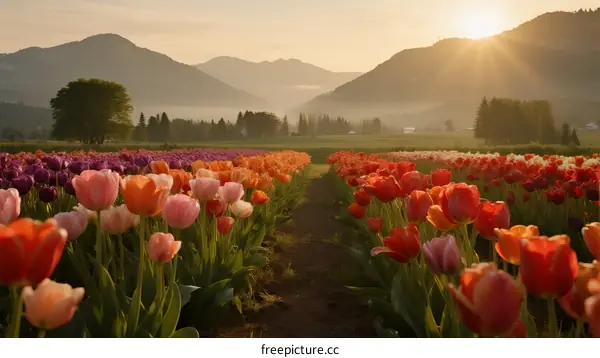 Beautiful morning scene of colorful tulip field in mountain valley
