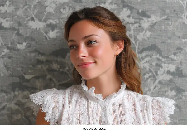 A Young Woman Wearing White Lace Dress Looking Away