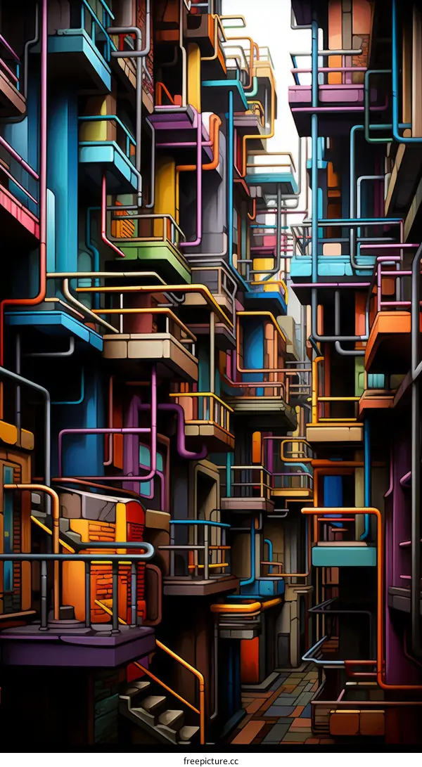 A colorful illustration of a city with pipes and balconies