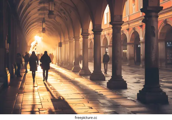 Sunlight Through Arched Colonnade With People Walking