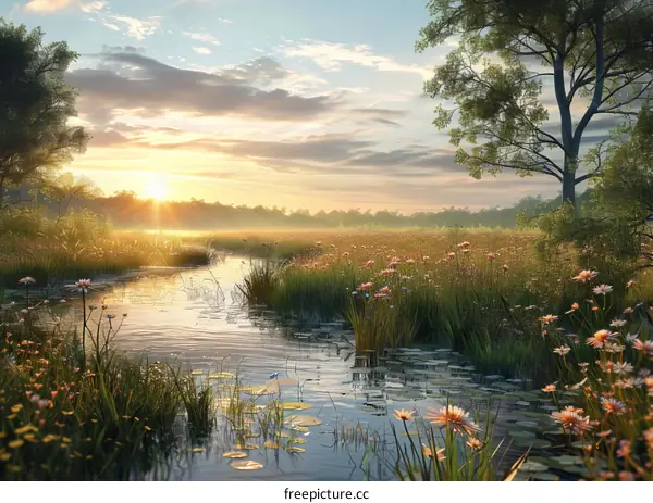 Sunset Over Tranquil River in Lush Green Landscape