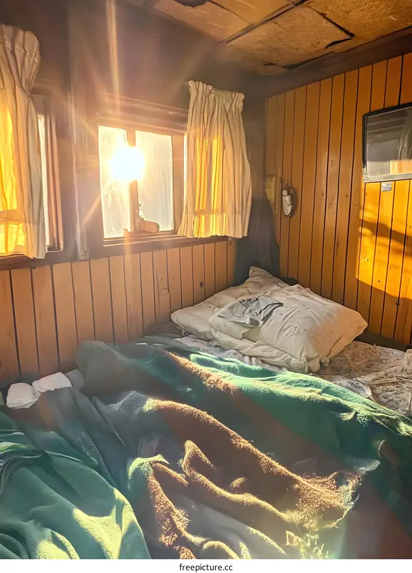 Sunlight Streaming Through Window in Cabin Bedroom