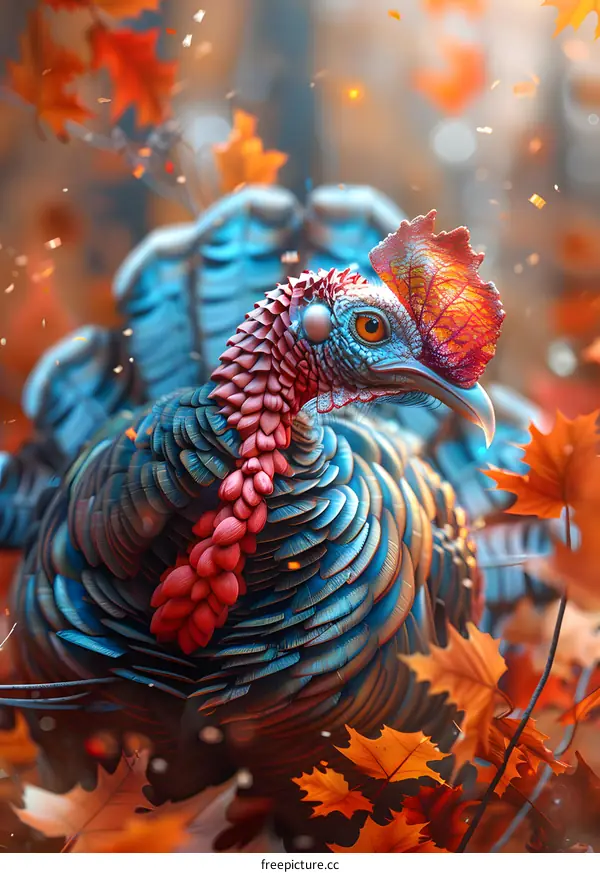 A turkey standing in an autumn forest