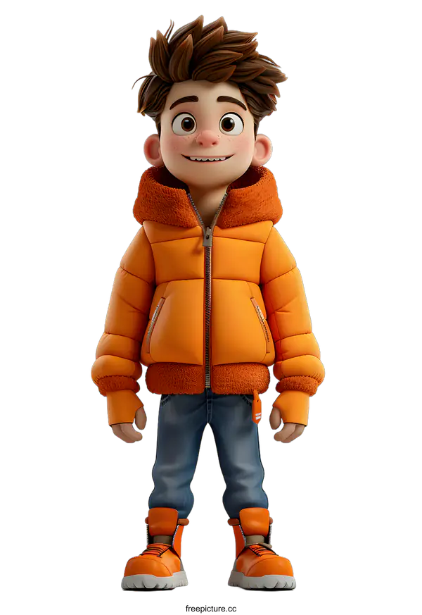[Transparent Background PNG]3D Boy in Orange Puffer Jacket