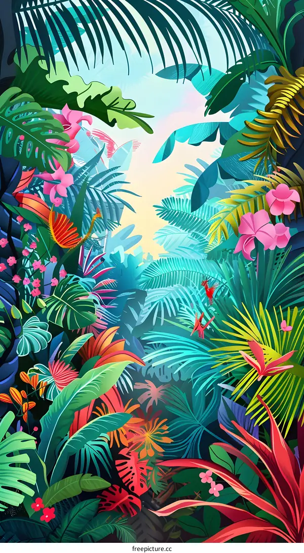 Tropical Rainforest Jungle Illustration With Colorful Lush Foliage