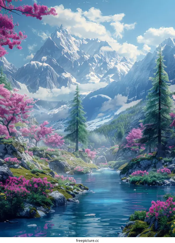 Fantasy mountains landscape with river and cherry blossom