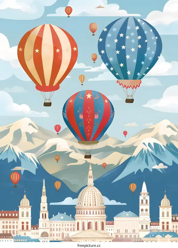 Hot Air Balloons Flying Over Cityscape with Mountain Background