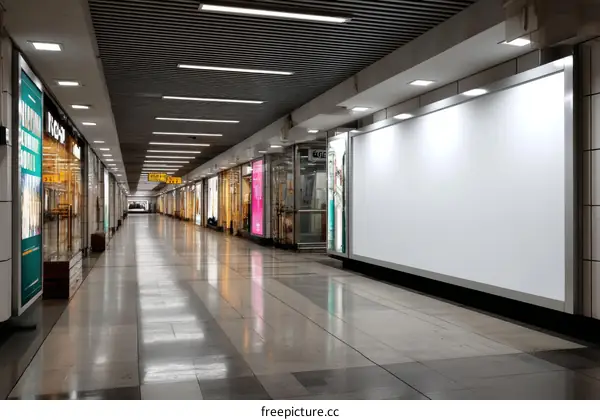 Empty Shopping Mall Corridor with Blank Billboard