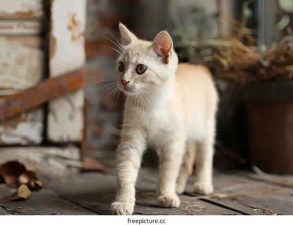A ginger kitten is walking on a wooden floor