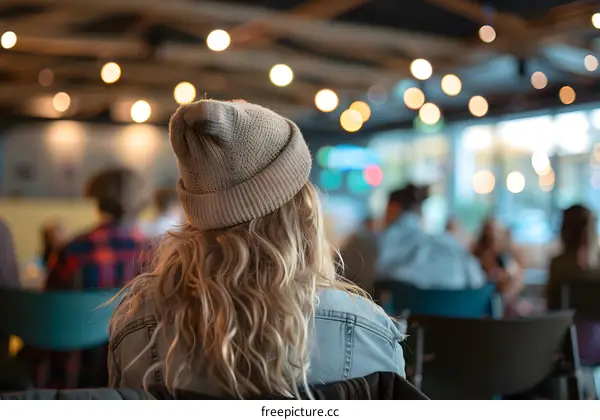 Woman in a Knitted Hat Sitting in a Cafe