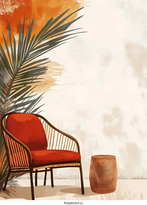 Tropical Palm Leaf Chair and Side Table Illustration