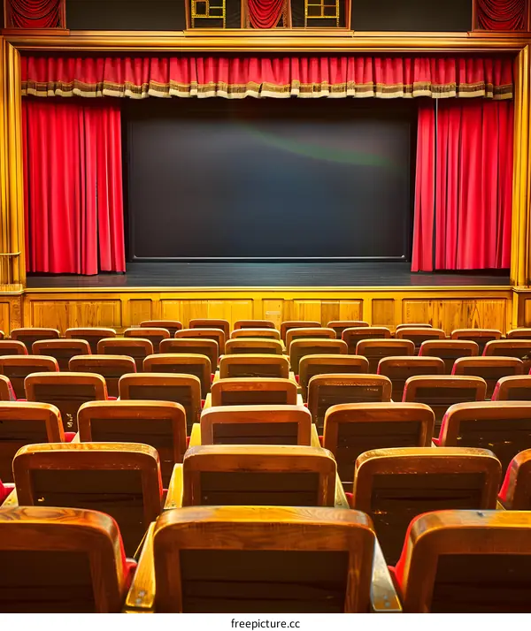 Empty Stage With Red Curtains and Wooden Seats