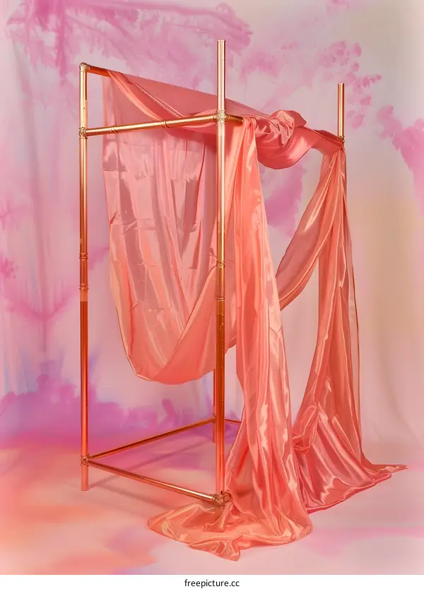 Copper Frame Canopy Bed With Pink Fabric Drapes