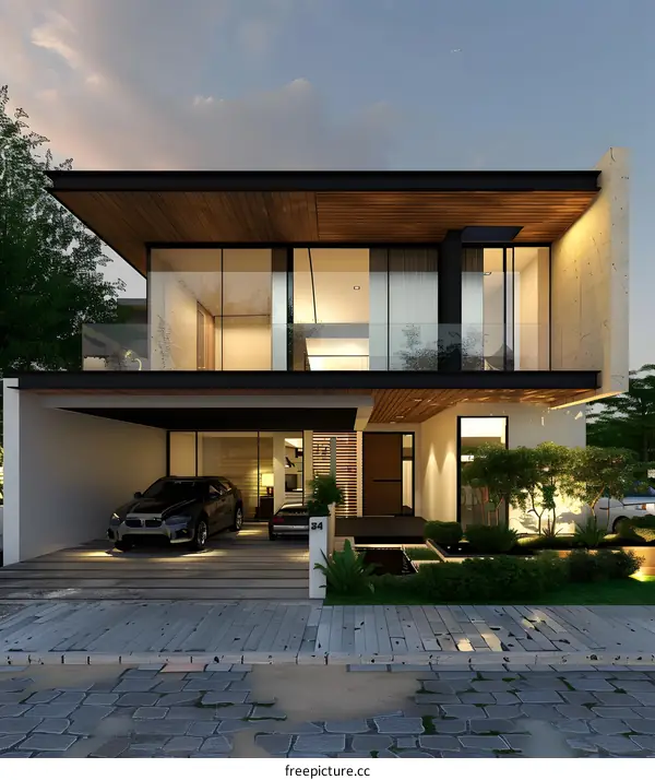 Modern House with Wooden Deck and Landscaping