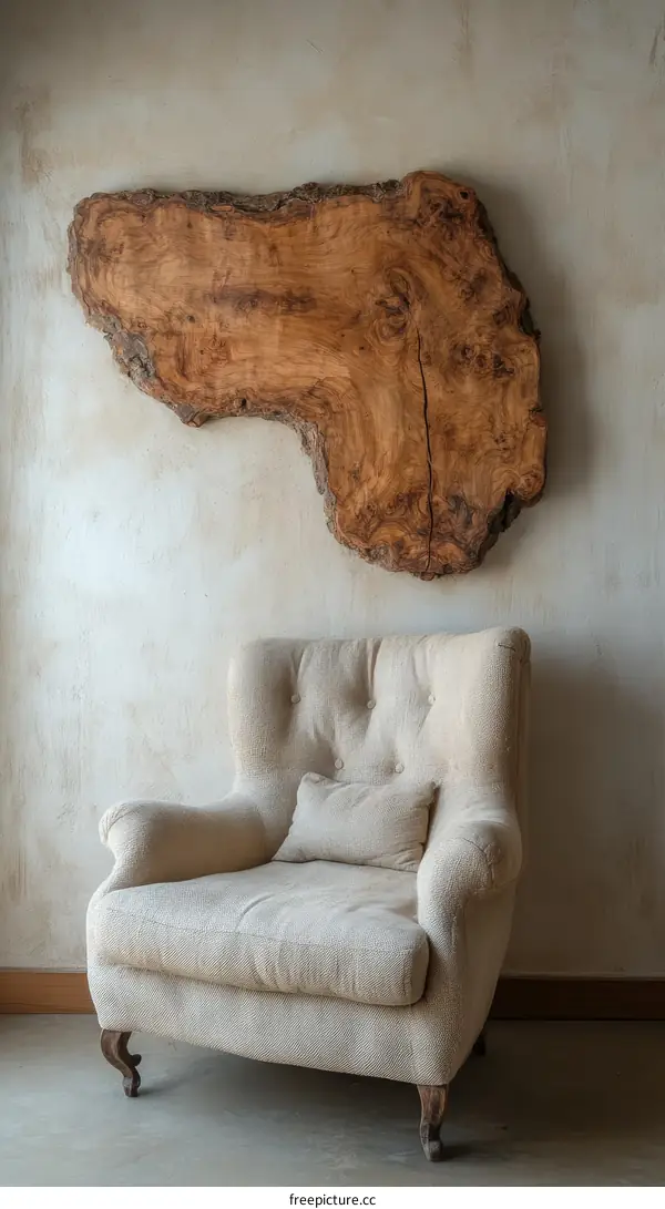 Vintage Wooden Slice Wall Art and Cream Upholstered Armchair