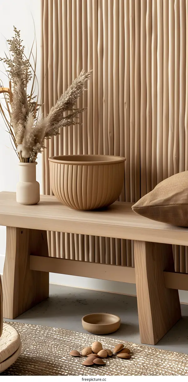 Wooden Bench with Dried Flowers and a Bowl