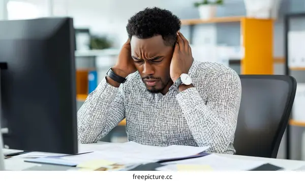 Stressed African American Businessman at Desk