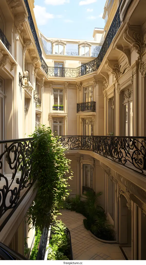 Classic French Courtyard With Iron Railing And Greenery