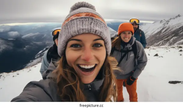 Four friends on a snowy mountaintop take a selfie