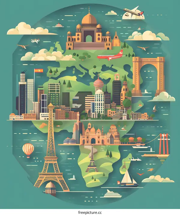 World Landmarks Illustration With Famous Buildings