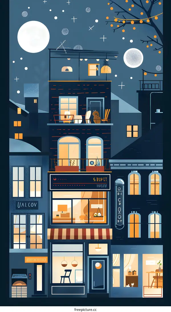 Night Cityscape Illustration with Illuminated Buildings and a Full Moon