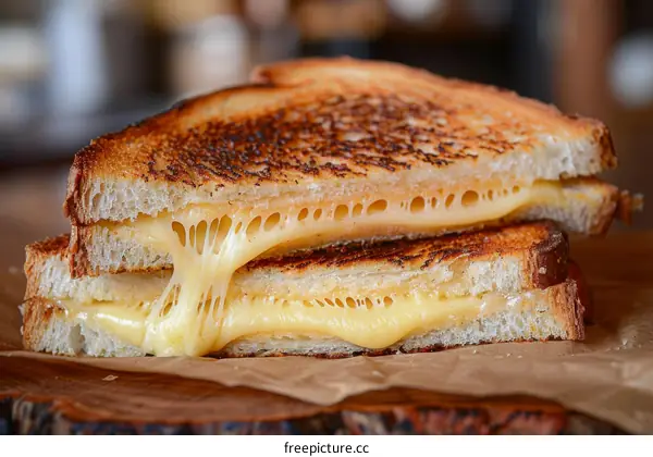 A grilled cheese sandwich cut in half with melted cheese oozing out