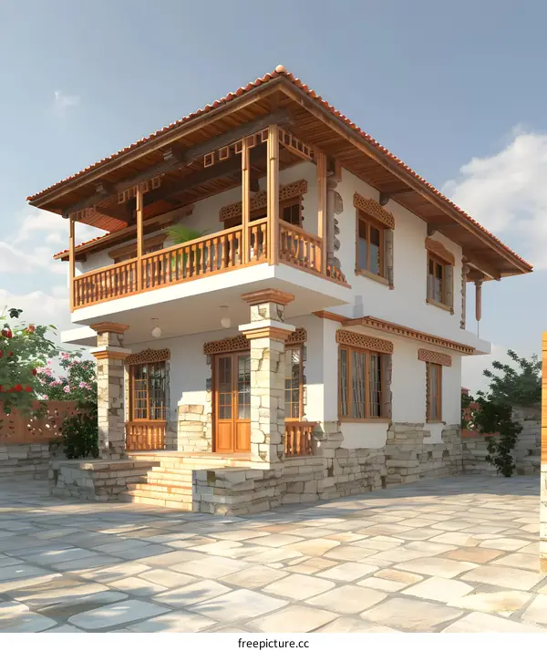 Traditional Stone and Wood House with Balcony