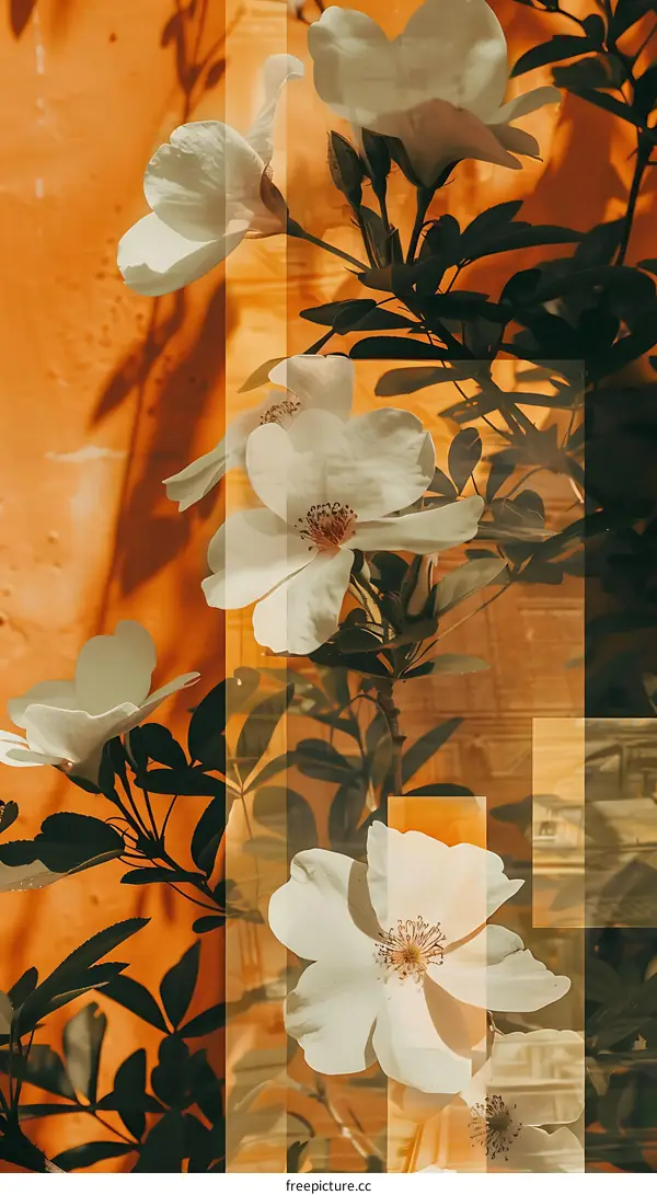 White Flowers Against Orange Wall